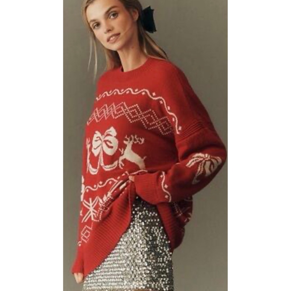 Maeve Anthropologie Red Holiday Reindeer Bow Fair Isle Sweater XS oversized